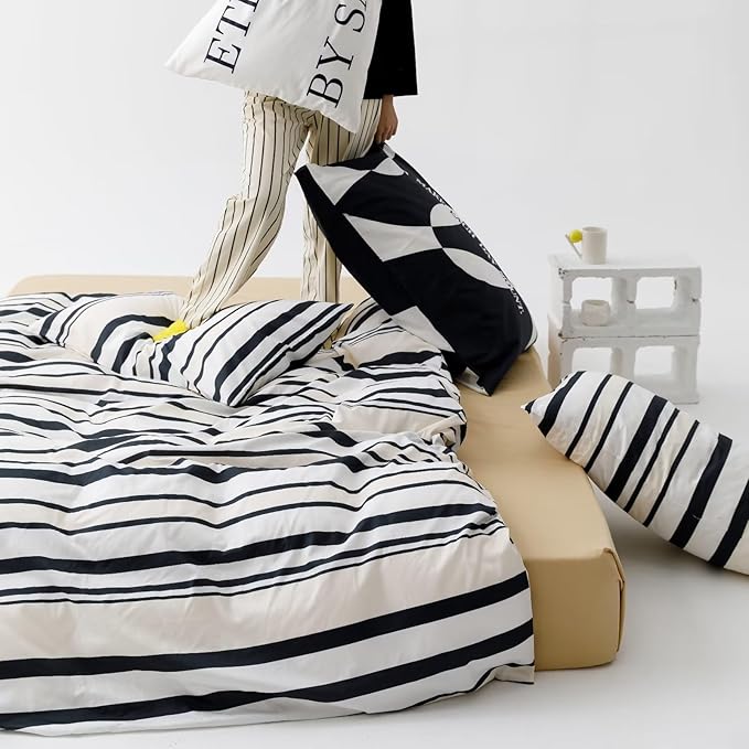 Striped Comforter Set King Black and White Comforter Men Women Modern Chic Stripes Bed Comforters Beige Black Striped King Ticking Bedding Comforter Set All Season Hotel Quality Bed Set