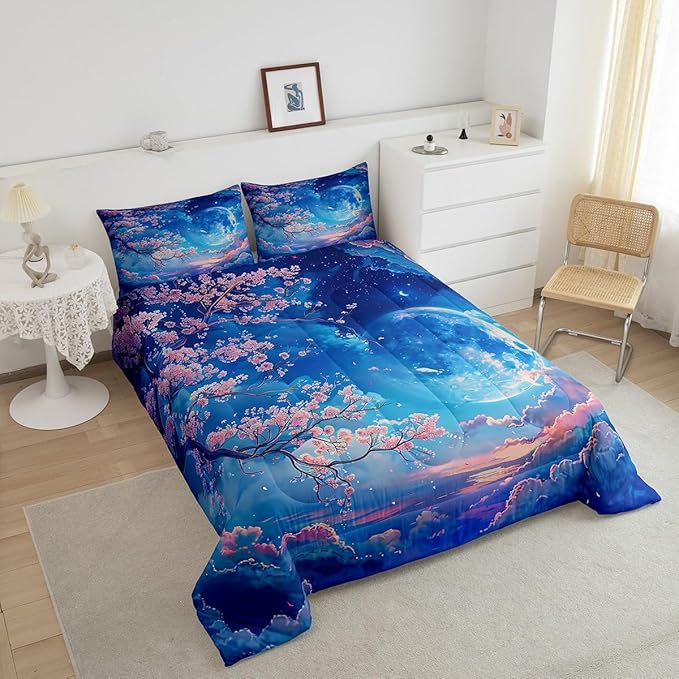 Manfei Cherry Blossoms Comforter Set King Size,Moonnight Cloud Starry Sky Bedding Set,Girls Women Room Decor,Sakura Flowers Chinese Style Down Comforter,Pink Blue Romantic Duvet Insert,2 Pillowcases