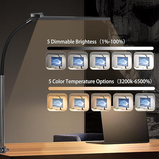 Led Desk Lamp for Office Home - Bright Double Head Desk Light with Clamp,Architect Task Lamp Gooseneck Smart Light: 24W 5 Color Flexible Adjustable Lighting Table Lamp for Study Drafting
