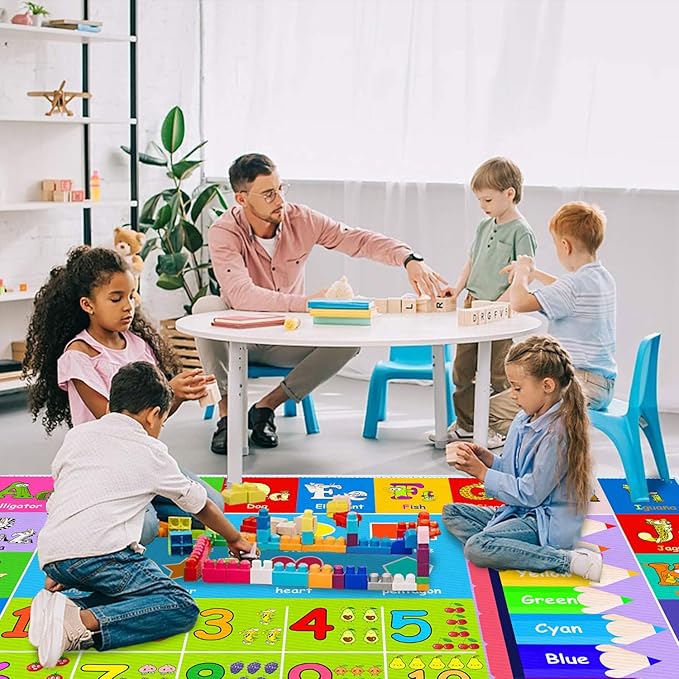 Kids Alphabet Play Game Rug - 7'x10' ABC Numbers and Shapes Educational Learning Toddler Carpet - Kids Room Playroom Classroom Kindergarten Activity Fun Soft Non-Slip Mat