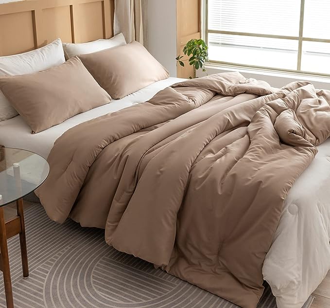 ROSGONIA Comforter Full Size for Girls Boys Teens Taupe Brown, 3pcs(1 Boho Tan Comforter & 2 Pillowcases), Lightweight Dorm Bedding All Season Bed Set