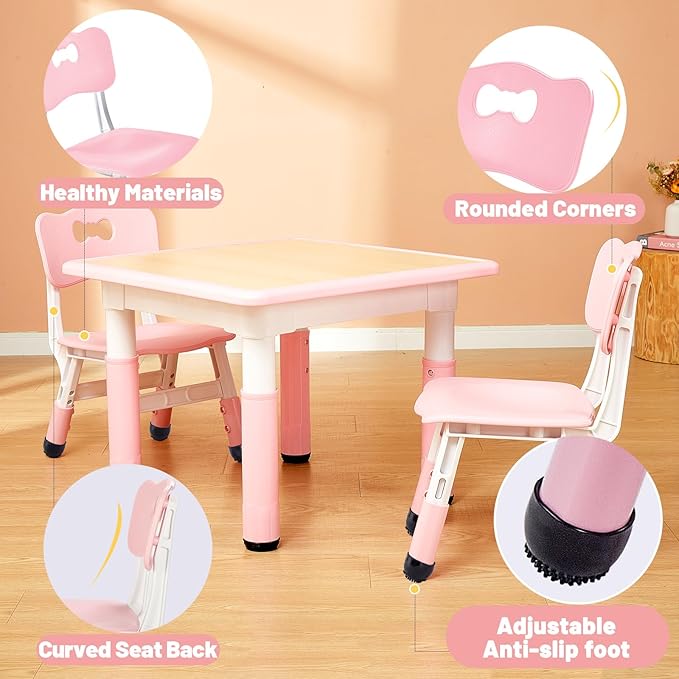 FUNLIO Adjustable Kids Chair (2pcs), 3 Level Height Adjustable Toddler Chair for Ages 3-8, Sturdy Child Chair with Maximum Bearing 220lbs, for Classrooms/Daycares/Homes, CPC & CE Approved - Pink