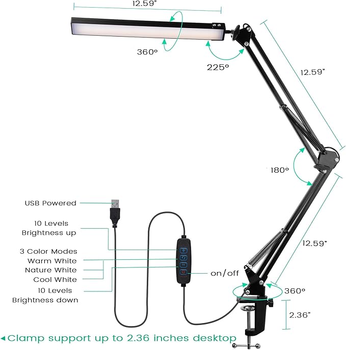 Swing Arm Desk Lamps for Architect Drafting or Computer Light, LED Bar Clamp Lamp