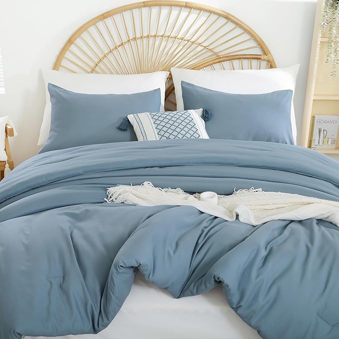 Dusty Blue Comforter Queen Size 3PCS Bed Comforter with 2 Pillowcases - Ligtweight Soft Solid Blue All Season Queen Comforter Bed Set - Boho Aesthetic Bedding Set for Men and Women
