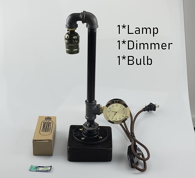 Steampunk Lamp with Dimmer, Dimmable Loft Style Industrial Vintage Antique Style Light with Bulb, Wood Base with Iron Piping Desk Lamp, Retro Desk Lamp LL-035