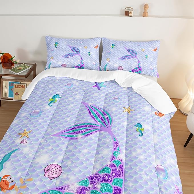 HOSIMA Mermaid Tail Comforter Set 3Pcs with 2 Pillowcases,Purple Fish Scales Bedding Set Cartoon Ocean Life Sea Animal Twin Comforter Set for Girls Kids Women,Mermaid Room Decor