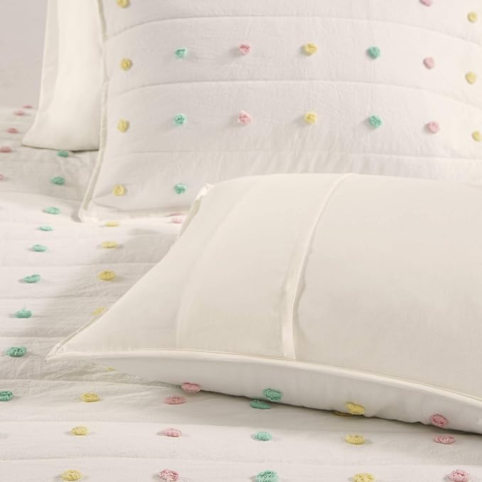 Quilt Set Cotton Jacquard Weave Colorful Poms Accent All Season Shabby Chic Bedding Coverlet Bedspred, Girls Bedroom Décor, Twin, Multi 4 Piece XL
