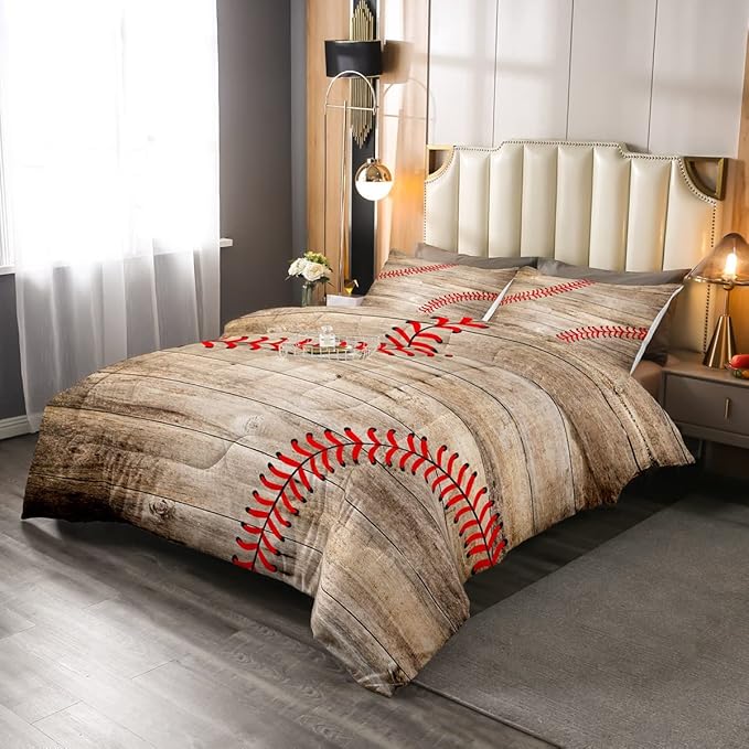 Erosebridal Baseball Bedding Set for Kids Boys Teens Twin,Sports Games Comforter Set Retro Rustic Wooden Board Quilt Duvet Sets American Baseball Country Down Comforter with 1 Pillow Case