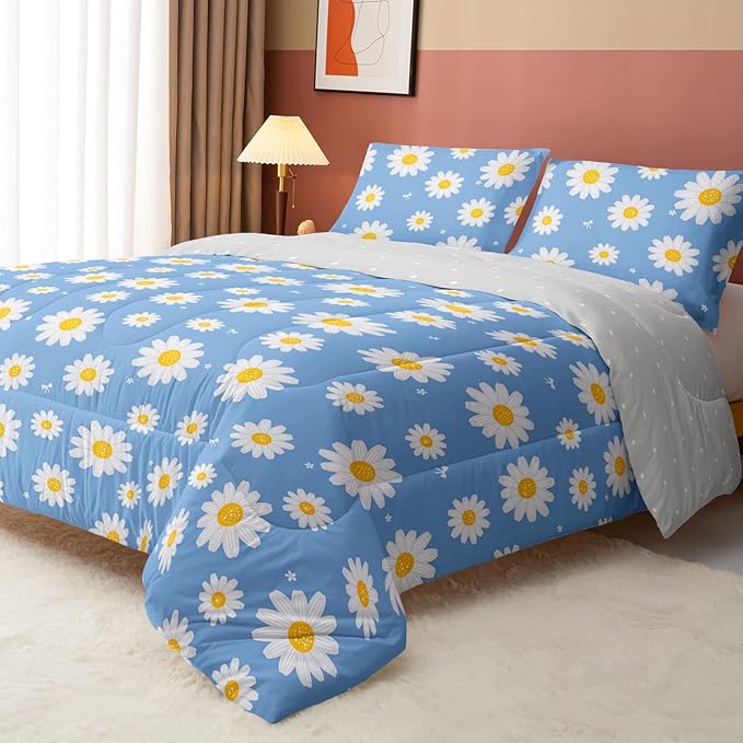 Datura home Flower Comforter Set Blue Daisy Floral Printed Pattern Quilt Bedding with 1 and 2 Pillowcases for Girls Women Bedroom All Season(Blue Twin) Twin 68x86inches