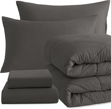 NTBAY Twin Comforter Set with Sheets, 5 Pieces Soft and Breathable Twin Bedding Set, Twin Bed in a Bag, Down Alternative Comforter Set Solid Color All Season, Kids Bedding Set, Dark Grey