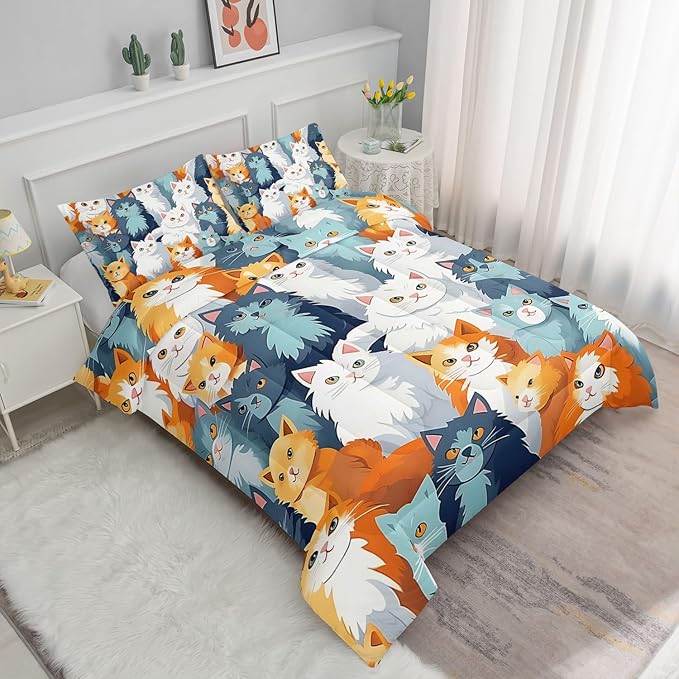 Datura home Kids Comforter Set Cute Cats Printed Pattern Bedding Set with 1 Comforter and 2 Pillowcases for Girls Boys Bedroom All Season(Cat Full)