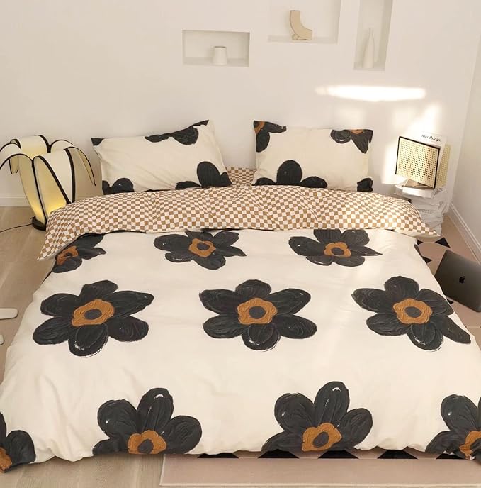 Black and White Comforter Set Black Floral Bedding Cal King Comforter Set Black Flowers Cotton Women Modern Elegant Chic Quilts Blankets Lightweight Black Flower Reversible Bed Comforter Set