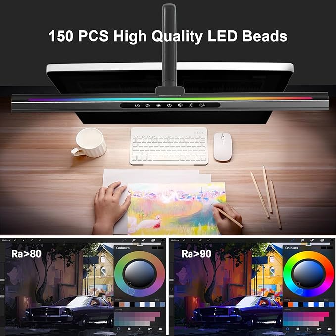2-in-1 Desk Lamp with RGB Ambient Light, Architect Desk Lamps for Home Office, 5 Color Modes & Brightness Levels, Eye-Caring Flexible Gooseneck Table Light for Monitor Working Reading Gaming