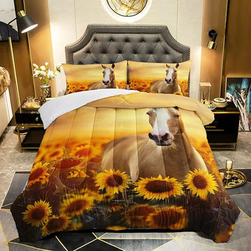 Horse Comforter Full Size,Sunflower Horse Comforter Set for Kids Teens Girls Boys,3Pcs Bedding Set Printed Comforter with 2 Pillowcases,Soft and Lightweight，Full Size