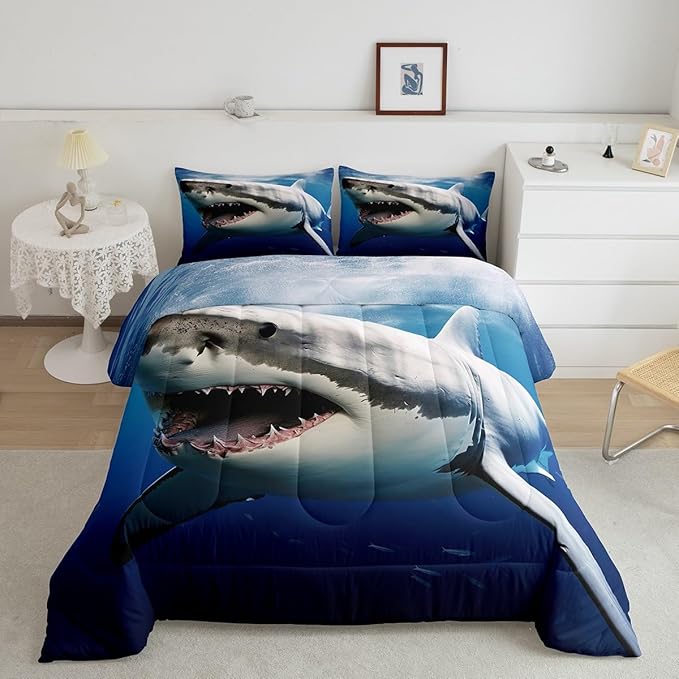 Kids Comforter Set for Boys Girls,3D Shark Fish Down Comforter 3 Piece Hawaiian Beach Theme Bedding Quilted Duvet Set Ocean Sea Animal Pattern Blue Duvet Insert for Toddler Teen Bedroom Decor,Full
