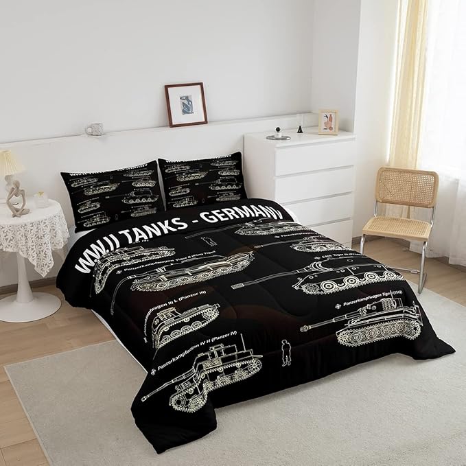 Tank Comforter Set Full, War Theme Bedding Set, Soldier Dirt Bike Camouflage Army Acting Down Comforter For Kid Boy Teen Men,Camo Vintage Style Quilt Set, Military Vehicle Duvet Set Room Decor