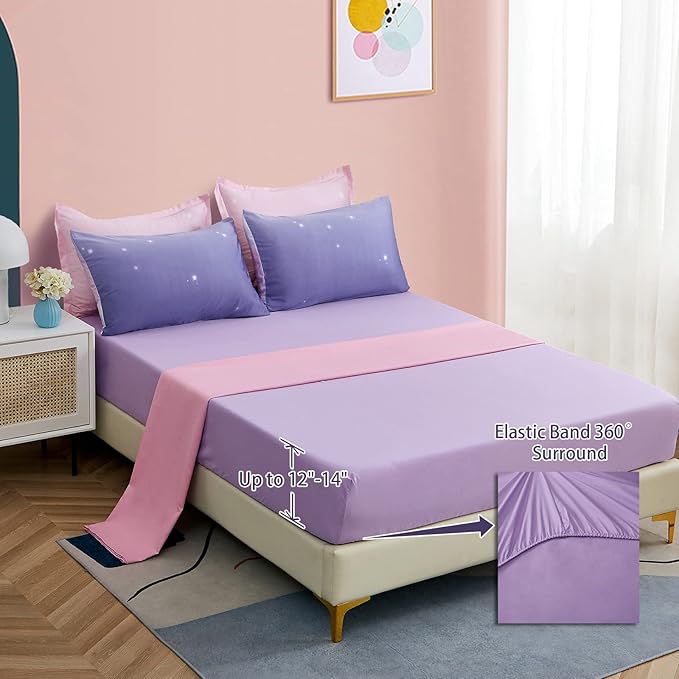 Girls Comforter Set Full Size Colorful Ombre Pink Purple Rainbow Bedding Set Bed in A Bag for Kid Teen Girls 7 Pieces (1 Comforter, 1 Flat Sheet, 1 Fitted Sheet, 2 Pillow shams, 2 Pillowcases)