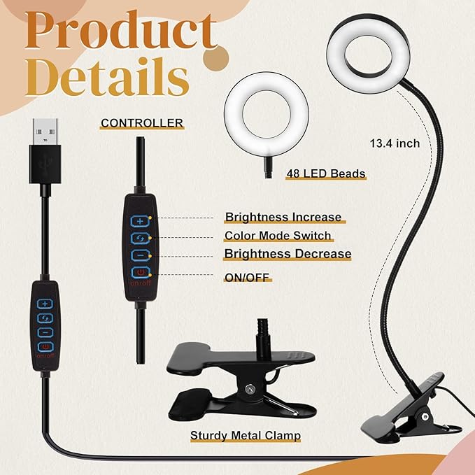4 Pcs Desk Lamp Clip on Light 48 LEDs USB Clip Ring Light with 3 Color Modes and 10 Brightness Dimmable, Eye Protection Desk Light, 360° Flexible Gooseneck for Desk Headboard Reading