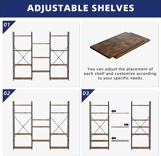 NUMENN Triple Wide 4 Tier Bookshelf, Adjustable Rustic Industrial Style Bookcases with 11 Open Display Shelves, Modern Tall Bookcase Furniture for Bedroom, Living Room and Home Office, Vintage