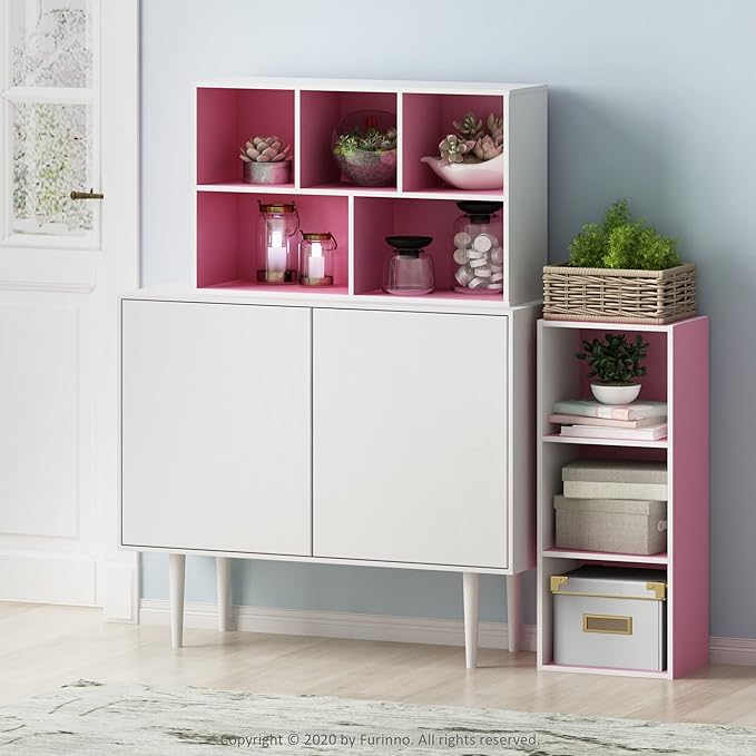 Furinno 3-Tier Open Shelf Bookcase, White/Pink 11003WH/PI