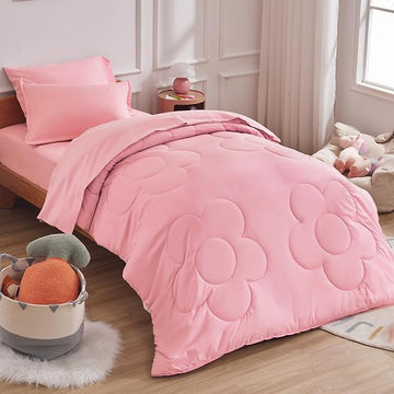 SLEEP ZONE Kids Pink Twin Bedding Comforter Set - Super Cute & Soft Girls Bedding 5 Pieces Set with Comforter, Sheet, Pillowcase & Sham (Cinquefoil Pink)