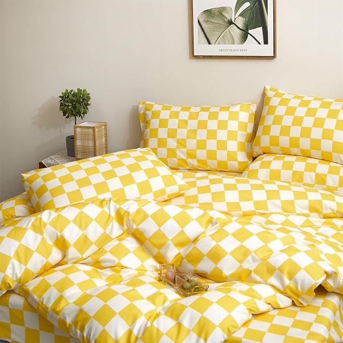 Yellow White Grid Comforter Set Full Yellow Plaid Bedding Set Girls Yellow and White Checkered Bed Comforter Set Breathable Blanket Set Kids Durable Bedding Comforter Set