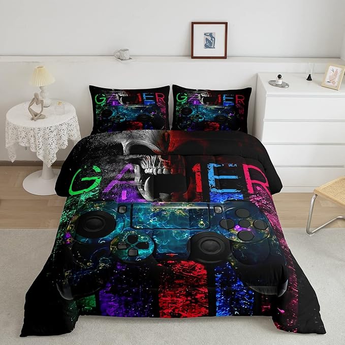 Gamer Bedding Sets for Boys, Gaming Down Comforter Queen Size, Gamer Room Decor Bedding Kids Video Games Comforter Set, Sugar Skull Gamepad Duvet Sets for Men Bedroom,with 2 Marble Pillow Sham