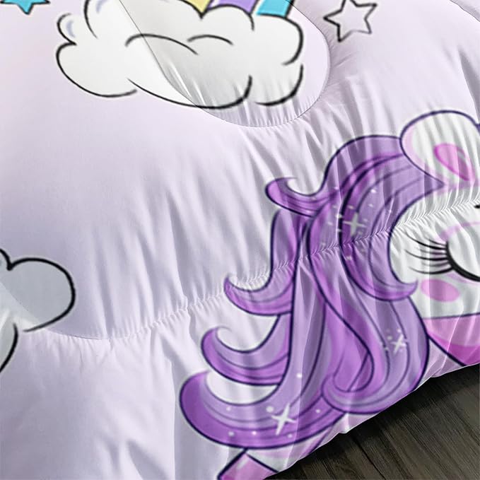 Axolotl Purple Unicorn Comforter Set Full Size,Girls Bedding Set,Cute Unicorn Rainbow Bedding Set with Stars for Kids Girls Teens Adults Women,1 Comforter with 2 Pillowcase Unicorn Gifts for Girls