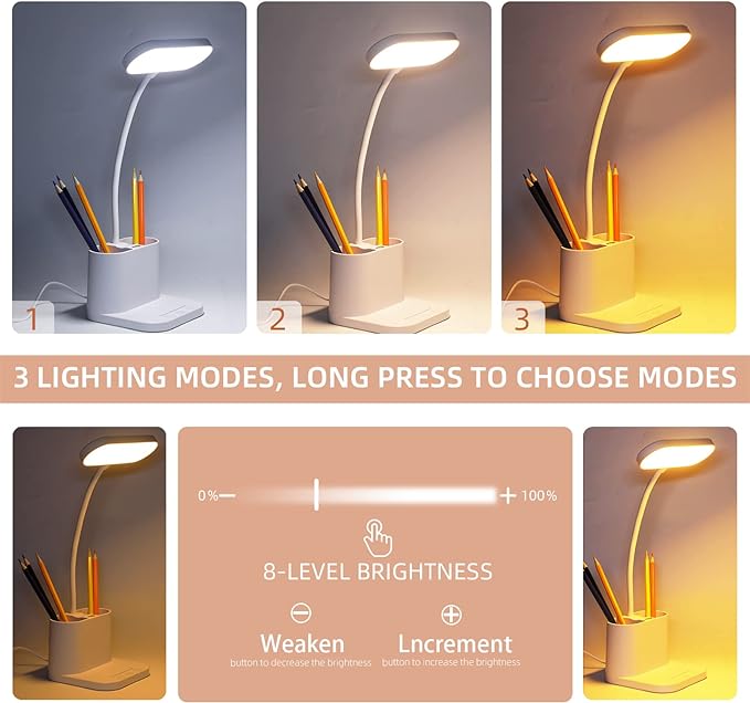 Study Lamp, Rechargeable LED Desk Lamp with Pen Holder, 8 Brightness Desk Lamp with USB Charging Port, Dimmable Reading Light Table Lamp for Kids