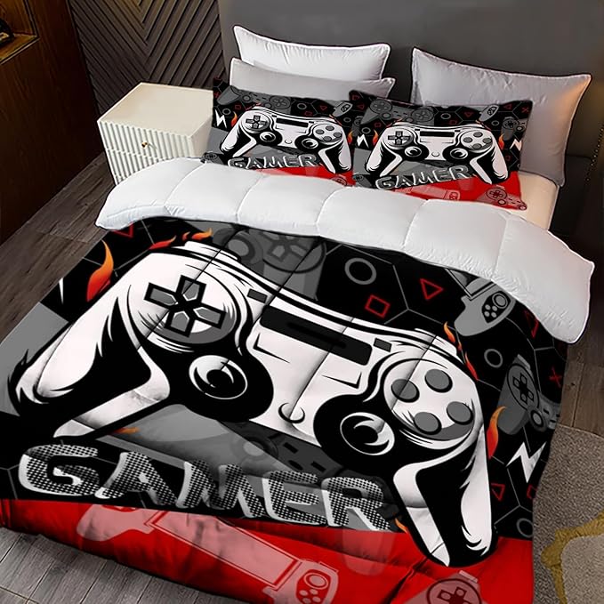 Sunnycitron Red Gamer Comforter Set for Boys Gaming Bedding Set Teens Game Room Decor Full (1 Comforter + 2 Pillowcase)