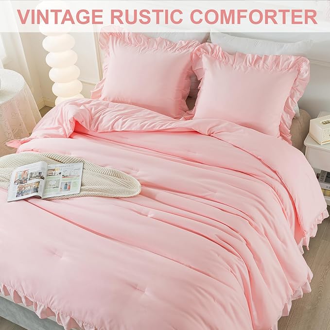 Andency Pink California King Comforter Set, 3 Pieces Cal King Light Pink Ruffle Comforter, Lightweight Soft Oversized Farmhouse Shabby Chic Microfiber Bedding Set (104x96Inch)