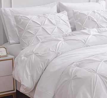 LANE LINEN White Comforter Set with Sheets, 7 Piece Bed in a Bag Queen Size, Pintuck Queen Bed Set, Ultra Soft Bedding Queen Size with Down Alternative Comforter, Sheets, Pillowcases & Shams - White