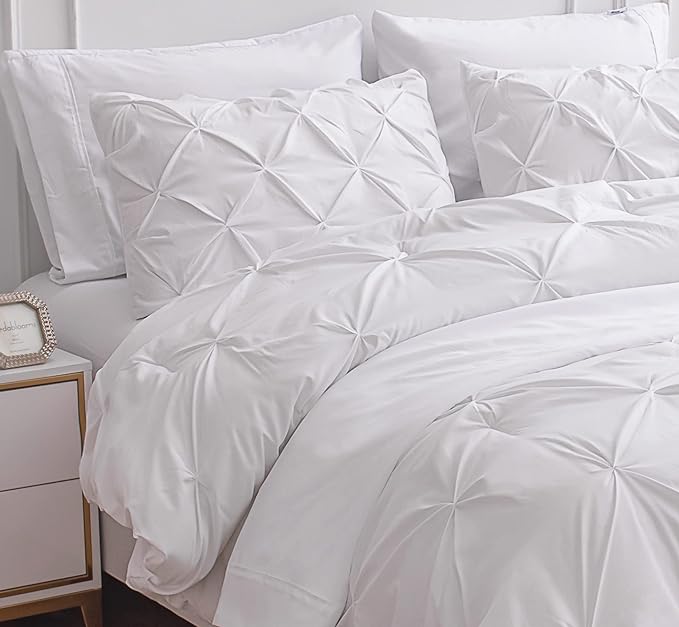 LANE LINEN Bedding Comforter Set for Split King Mattress, Soft 8 Piece Split King Bed in a Bag with 1 King Comforter, 1 King Size Flat Sheet, 2 Twin XL Fitted Sheets, 2 Pillowcases & 2 Shams - White