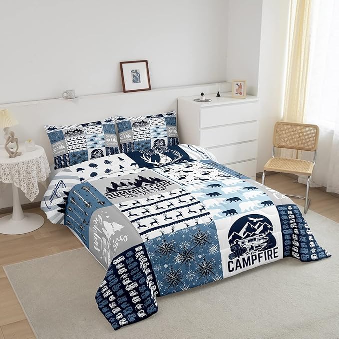Erosebridal Happy Camping Bedding Set King Size for Boys Kids Teens, Camper Duvet Insert, Rustic Farmhouse Style Comforter Set, Sketch Drawing Camper Bedding, Camping Car Down Comforter, Blue