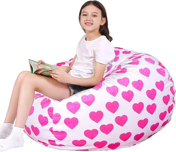 Lukeight Stuffed Animal Storage Bean Bag Chair Cover for Kids, Zipper Beanbag Chair Cover for Organizing Toddler & Kids' Rooms Plush Toys (Heart Velvet, Large)