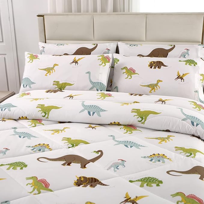 MAG 3Pcs Dinosaur Bedding Comforter Set, Dino White Base Full/Queen Comforter Set,for Toddlers Kids,Boys Teens and Girls,Super Soft Microfiber, Full/Queen Size (1 Comforter + 2 Pillowcases)