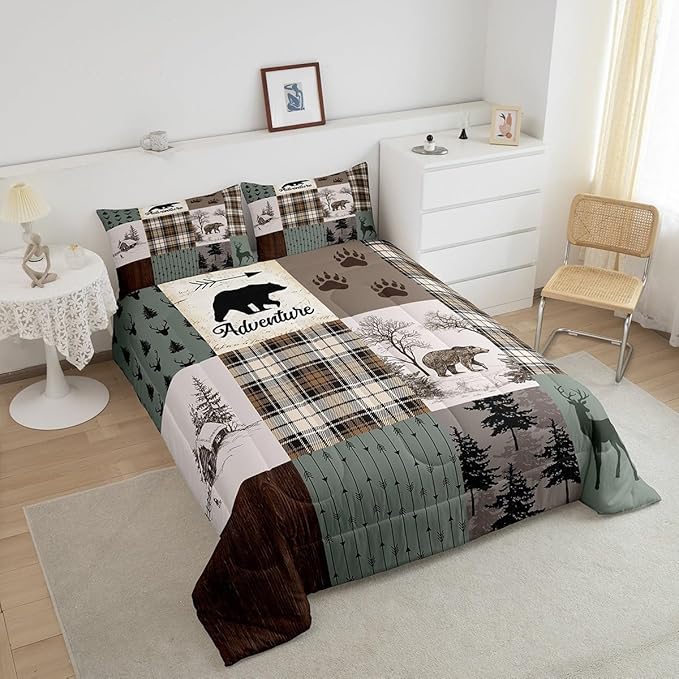 Rustic Farmhouse Kids Comforter Set King Size,Deer Antlers Bear Paws Plaids Patchwork Bedding Set for Boys Girls Adults Room Decor,Pine Trees Arrows Down Comforter,Xmas Duvet Insert,2 Pillowcases