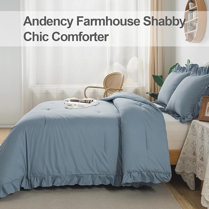Andency California King Comforter Sets Grayish Blue (104x96Inch), 3 Pieces Cal King Ruffle Comforter, Oversized Farmhouse Shabby Chic Bed Comforter, Lightweight and Soft Microfiber Bedding Set