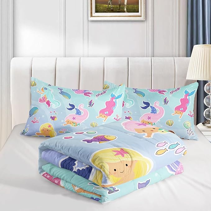 Datura home Girls Mermaid Comforter Set for Girls Women,Kawaii Mermaid Girls Play with Fish Printed Pattern Blue Kawaii Bedding Set with 2 Pillowcases(Girls Twin)