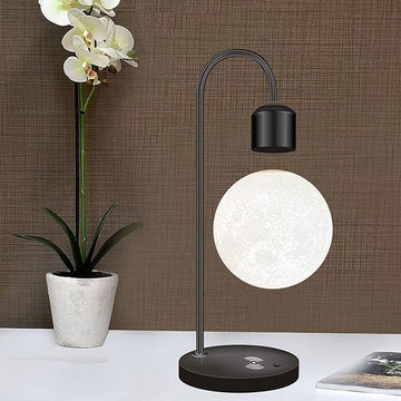Unique Modern Levitating Moon Lamp with Built-in Qi Wireless Charger, Simplistic and Innovative Design, Warm Decorative LED Light for Home and Office (Black)
