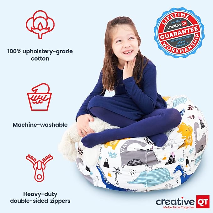 Creative QT Stuff ’n Sit Extra Large 38’’ Bean Bag Storage Cover for Stuffed Animals & Toys, Giant Beanbag Chair for Plush, Toddler & Kids Rooms Bedroom Organizer, Blue/White Stripe