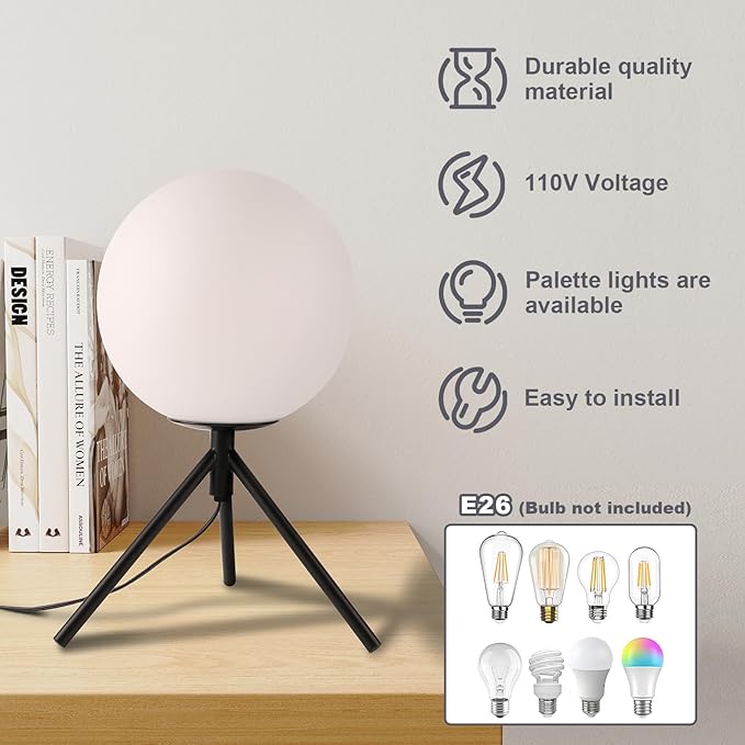 Mid Century Modern Table Lamp Black Glass Globe Desk Lamp Reading Lamp Vintage Plug in Table Desk Lamp for Bedroom Office Library Study Room (Black)