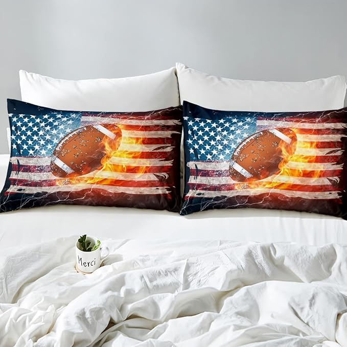 Boys American Football Comforter Set, United States Flag Down Comforter Queen Size, Soccer Sports Games Bedding Set for Kids Teens Adult Men, Geometric Stripes Retro Duvet Sets, Blue White and Red