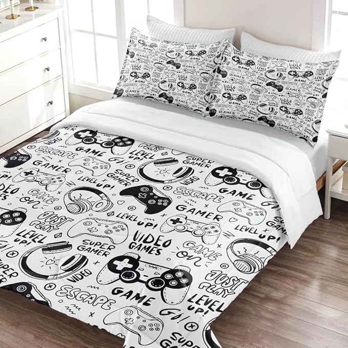 Gaming Comforter for Boys Teens,Game Bedding Sets Full,Kids Gamer Comforter Set,Video Game Bedroom Decor,Gamepad Controller Duvet Insert All Season 3 Piece 1 Comforter and 2 Pillowcases