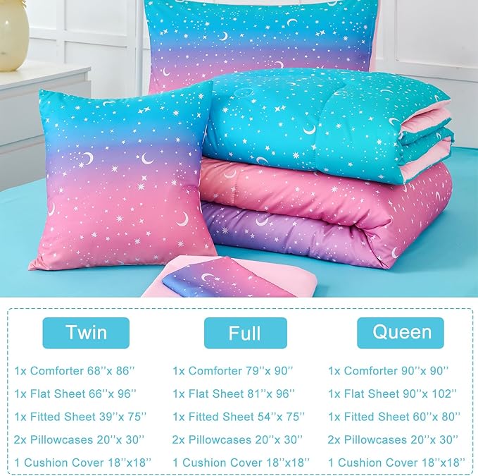 URBONUR Rainbow Comforter Set Queen Size for Teen Girls & Boys Women, Multicolor Moon Printed Bedding Set, 6 Pieces Bed in a Bag, Soft All Season (Rainbow, Queen)
