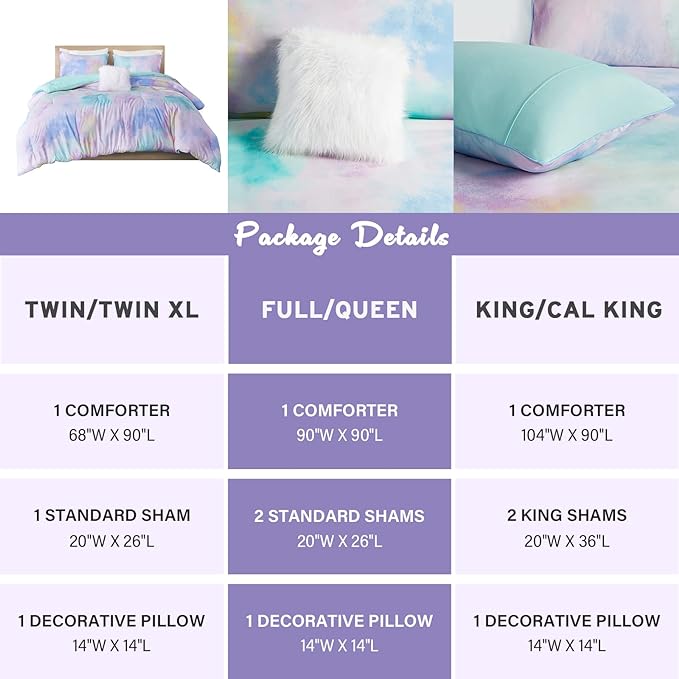 Intelligent Design King Size Comforter Set, Watercolor Queen Bedding Sets, Tie Dye Comforter Set for Teen Girl & Boys, 4 Pieces Cassiopeia Comforter, Sham, Throw Pillow King/Cal King Pink/Blue