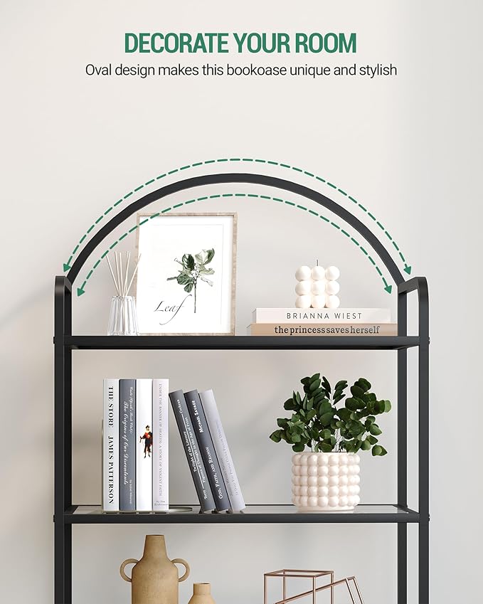 Bookcase Bookshelf, Tempered Glass Bookshelves, Slim Shelving Unit for Bedroom, Bathroom, Home Office, Steel Frame, 5 Tier Black BC21599B