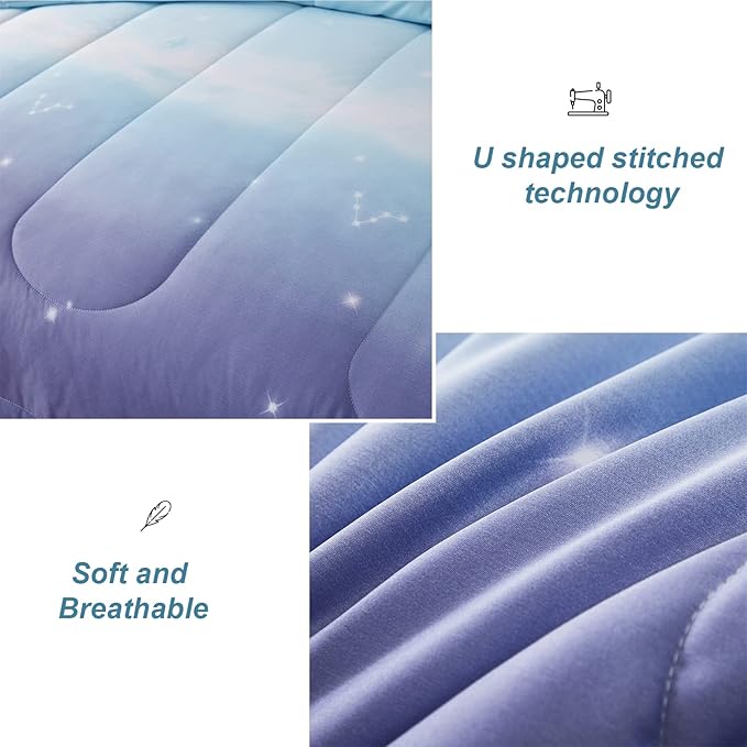Girls Comforter Set Queen Size 7 Pieces Bed in A Bag Ombre Blue Purple Rainbow Bedding Set Collections for Teen Women (1 Comforter, 1 Flat Sheet, 1 Fitted Sheet, 2 Pillow shams, 2 Pillowcases)