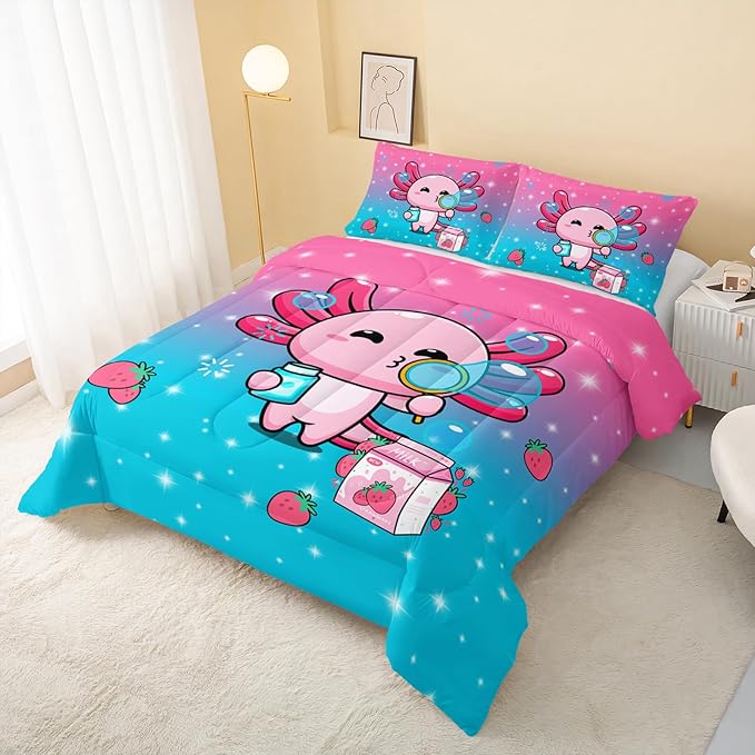 Kawaii Axolotl Comforter,Pink Salamander Comforter Set for Kids Teens Girls,3Pcs Bedding Set Printed Comforter with 2 Pillowcases,Down Alternative,Soft and Lightweight(Pink，King Size)