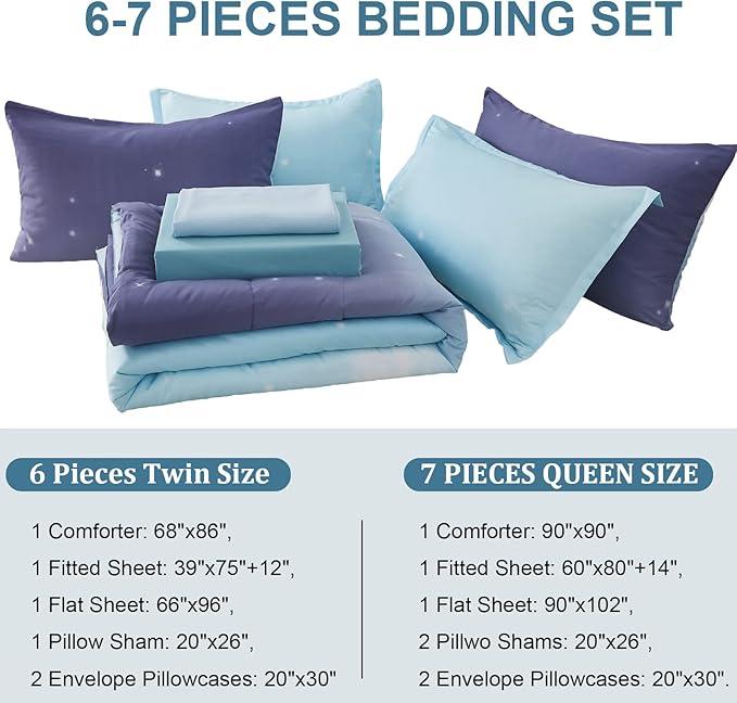 Dinjoy Girls Women Comforter Set King Size Ombre Blue Purple Rainbow Bedding Set 7 Pieces Bed in A Bag for Teen Adult (1 Comforter, 1 Flat Sheet, 1 Fitted Sheet, Pillow shams & Pillowcases)